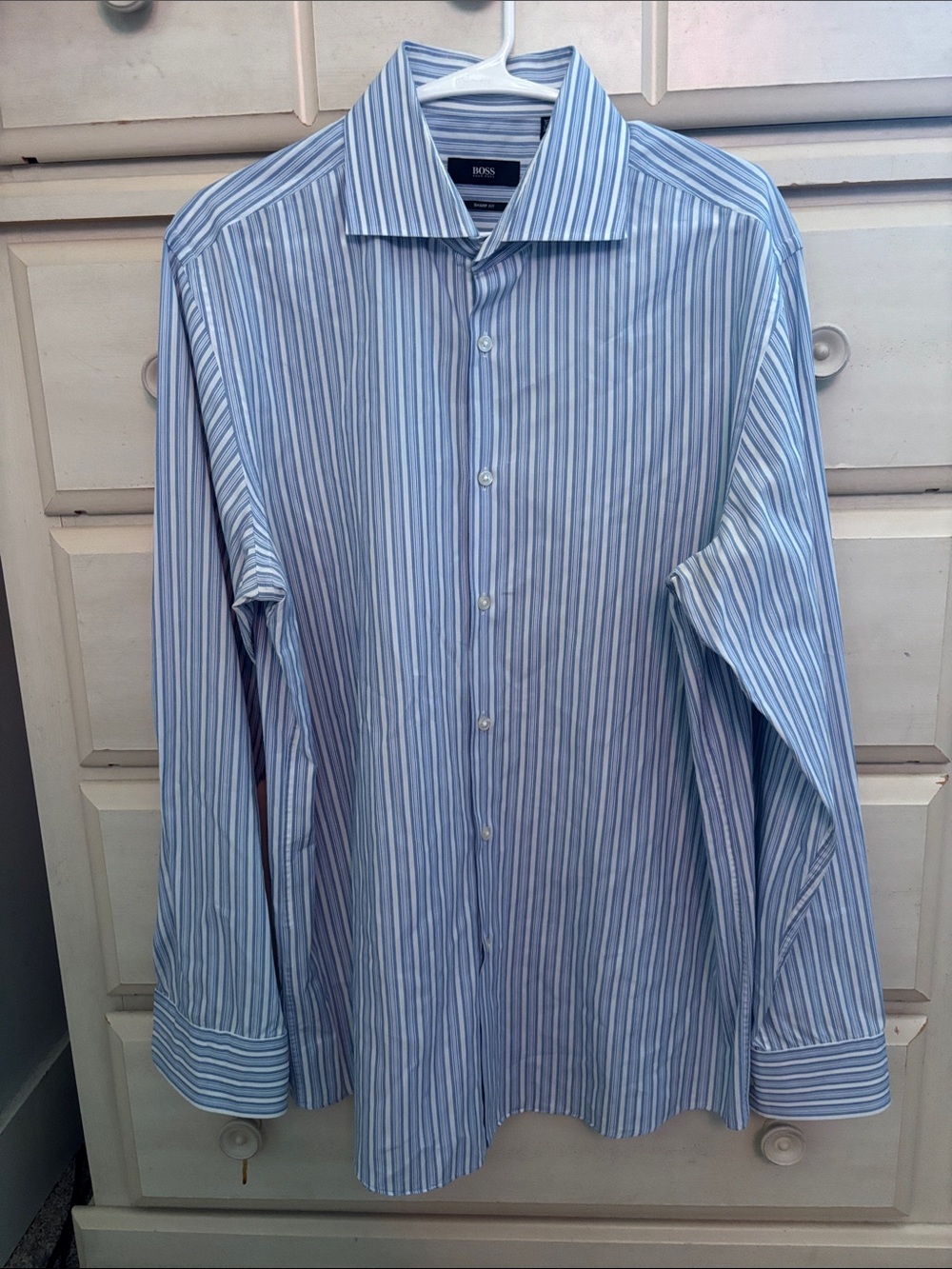 BOSS Blue and White Vertical Stripe Dress Shirt